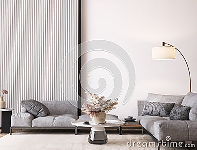 Modern living room design, gray sofa and dried flowers vase in white interior background Stock Photo