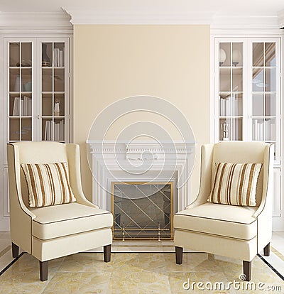 Modern living-room with fireplace. Stock Photo