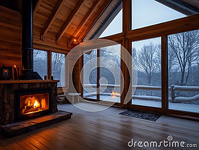 modern living room with fireplace and panoramic winter view Stock Photo