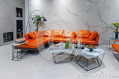 Modern living room furniture in house Orange leather sofa Stock Photo