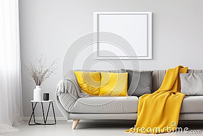 Modern Living Room with Gray Sofa and Yellow Accents and blank poster mockup on white wall Stock Photo