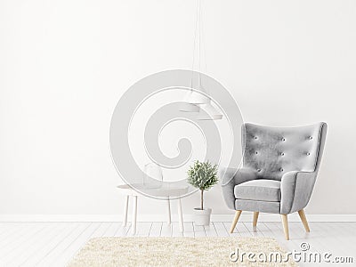 modern living room with grey armchair and lamp. scandinavian interior design furniture. Cartoon Illustration