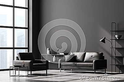 Modern living room interior, black wall and huge panoramic window with Singapore city view. Dark grey sofa and armchair, coffee Stock Photo