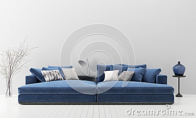 Modern living room interior with blue sofa, wall mock up Stock Photo