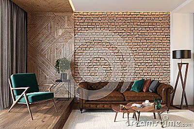 Modern living room interior with brick wall blank wall, leather brown sofa, green lounge chair, table, wooden wall Cartoon Illustration