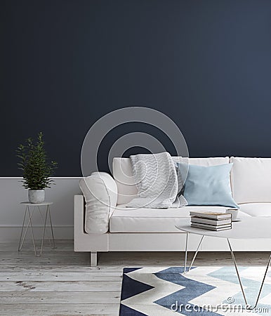 Modern living room interior design with empty wall, 3d render Stock Photo