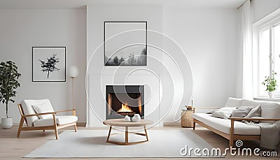The modern living room interior design features a wooden cabinet, an art poster, and two white sofas Stock Photo