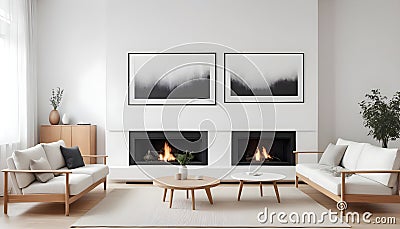 The modern living room interior design features a wooden cabinet, an art poster, and two white sofas Stock Photo