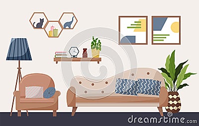 Modern living room interior design. A sofa and an armchair, shelves for accessories and flowers, a floor lamp and potted Vector Illustration