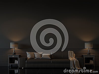 Modern living room interior with empty black wall 3d rendering image Stock Photo