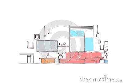 Modern living room interior empty house furniture sketch doodle horizontal Vector Illustration