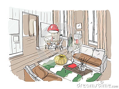 Modern living room interior. Furnished drawing room. Colorful vector illustration sketch on light background. Vector Illustration