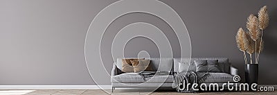 Modern living room interior, gray sofa on dark empty wall mockup, panorama Stock Photo