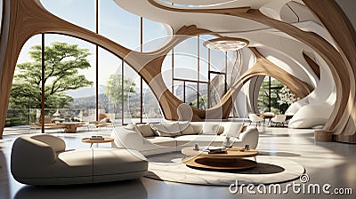 Modern living room interior in luxury house. Imitation of wildlife in elements of architecture. Curved sofas, round Stock Photo