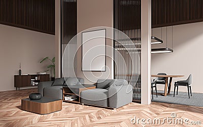Beige home living room interior with armchairs and coffee table, side view dinner table with seats and sideboard with decoration. Stock Photo