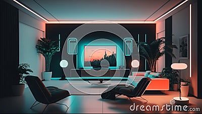 Modern Living Room Interior with Sofa and Television with Neon Lights, Futuristic Decor, Generative AI Stock Photo