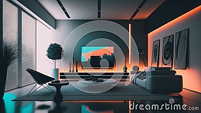 Modern Living Room Interior with Sofa and Television with Neon Lights, Minimalist Decor, Generative AI Stock Photo