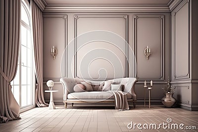 Modern living room interior, stylish light grey sofa, lots of cushion pillows, generative AI Stock Photo