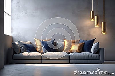 Modern living room interior, stylish light grey sofa, lots of cushion pillows, generative AI Stock Photo