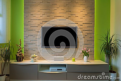 Modern living room interior - tv mounted on brick wall with black screen and ambient light Stock Photo