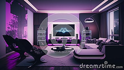 Modern Living Room Interior with Sofa and Television with Neon Lights, Futuristic Decor, Generative AI Stock Photo