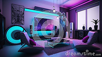 Modern Living Room Interior with Sofa and Television with Neon Lights, Futuristic Decor, Generative AI Stock Photo