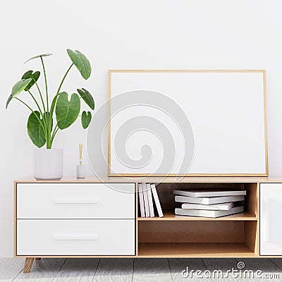 Modern living room interior with a wooden dresser and a horizontal poster mockup, 3D render Stock Photo