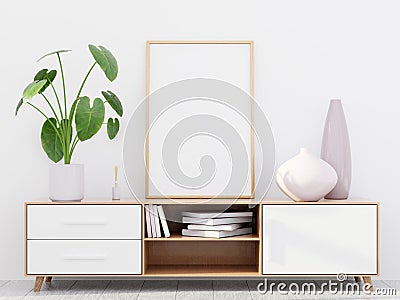 Modern living room interior with a wooden dresser and a poster mockup, 3D render Stock Photo