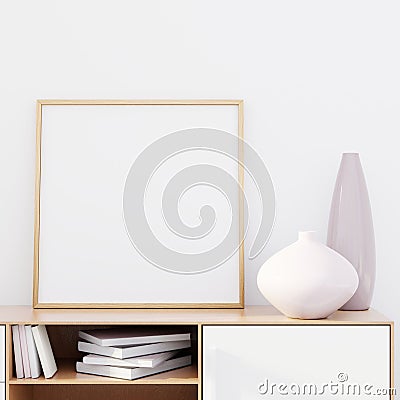Modern living room interior with a wooden dresser and a square poster mockup, 3D render Stock Photo