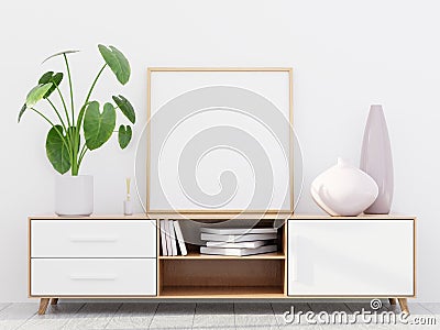 Modern living room interior with a wooden dresser and a square poster mockup, 3D render Stock Photo