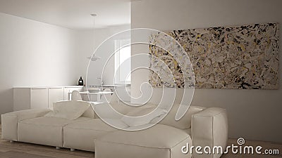 Modern living room with kitchen in a cozy open space apartment, white architecture interior Stock Photo