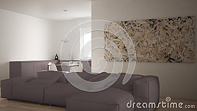 Modern living room with kitchen in a cozy open space apartment, white and red architecture interior design Stock Photo