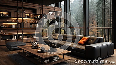 A modern living room with a large bookcase and a couch. Generative AI image. Stock Photo