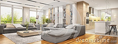 Modern living room with large sofas and modern kitchen Stock Photo