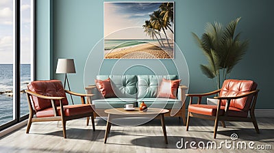 modern living room with luxurious chairs, modern abstract painting, two stylish chairs in a stylish hip setting. The background is Stock Photo
