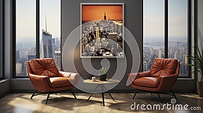 modern living room with luxurious chairs, modern abstract painting, two stylish chairs in a stylish hip setting. The background is Stock Photo