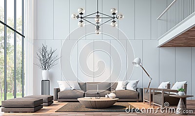 Modern living room with mezzanine 3d rendering image Stock Photo