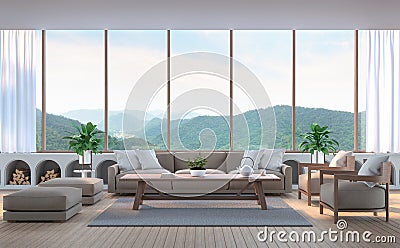 Modern living room with mountain view 3d rendering image. Stock Photo