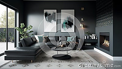 Modern living room with a sleek leather sectional. Generative AI Stock Photo