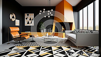 Modern living room with a sleek leather sectional. Generative AI Stock Photo