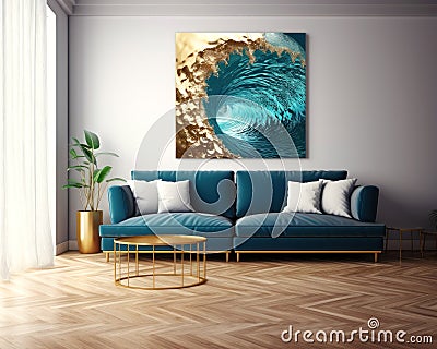 Modern living room interior in the nautical blue and golden color style Stock Photo