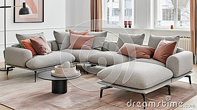 Modern living room with stylish grey sofas and soft pillows. Stock Photo