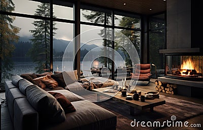 a modern living room with a view of the lake Stock Photo