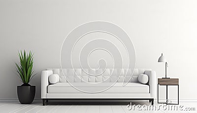 Modern living room with white elegant sofa, lamp, and potted plant. Stock Photo
