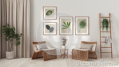 Modern living room in white tones. Rattan armchairs with pillows, curtains, wooden ladder and potted plants. Frame and parquet Stock Photo