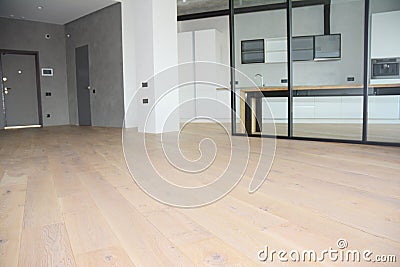 Modern living room zoning with glass wall. Oak wood flooring with modern interior room glass wall. Stock Photo