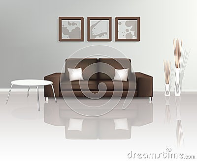 Modern Living Space with Brown Sofa Vector Illustration