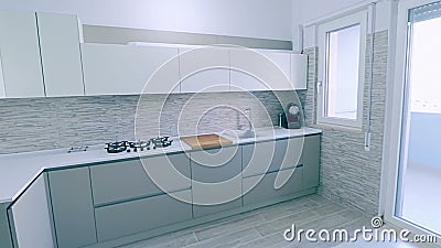 Modern, ljus, ren, kökinre med rostfritt stålanordningar och friutäpple på tabellen i ett lyxigt hus stock video Modern, ljus, ren, kökinre med rostfritt stålanordningar och friutäpple på tabellen i ett lyxigt hus stock video