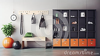 a modern locker accompanied by neatly arranged sports equipment near a wall, a minimalist modern composition that Stock Photo