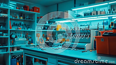 Modern locksmith workshop with key duplication machine on workbench, neatly arranged tools and organized key blanks Stock Photo